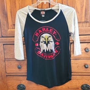 Harley Davidson 3/4 length sleeve raglan t shirt, size large